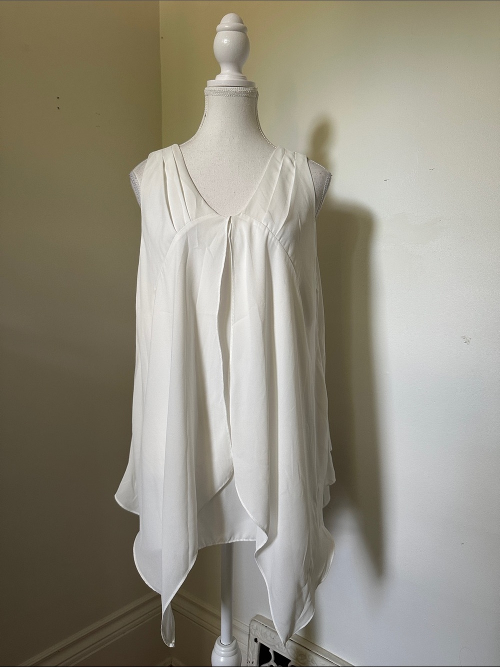 EDIN White Layered Handkerchief Hem Drape Pleated Boho Whimsigoth Fairy Tank Top